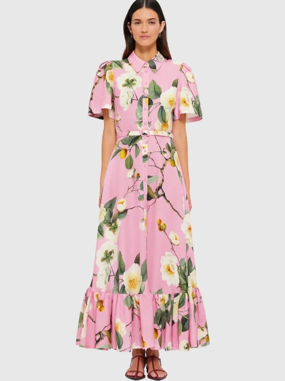 Pink Floral Belted Maxi Shirt Dress